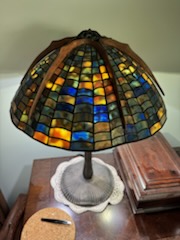 Mosaic-style lamp in blue, amber and green glass